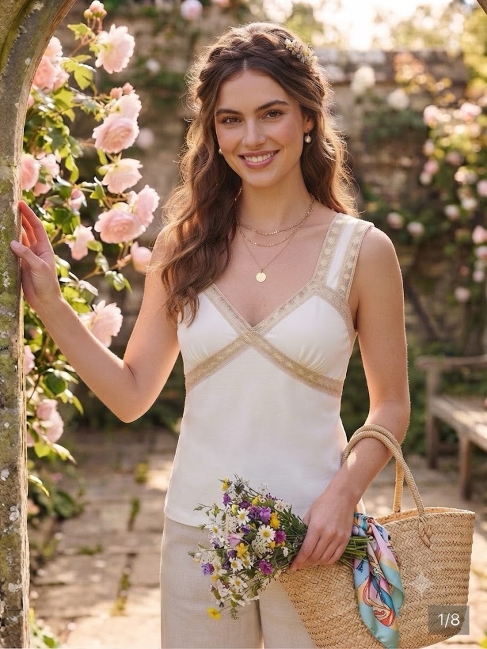 Ivory & Gold Lace Trim Tank Top | Boho Cottagecore Sleeveless